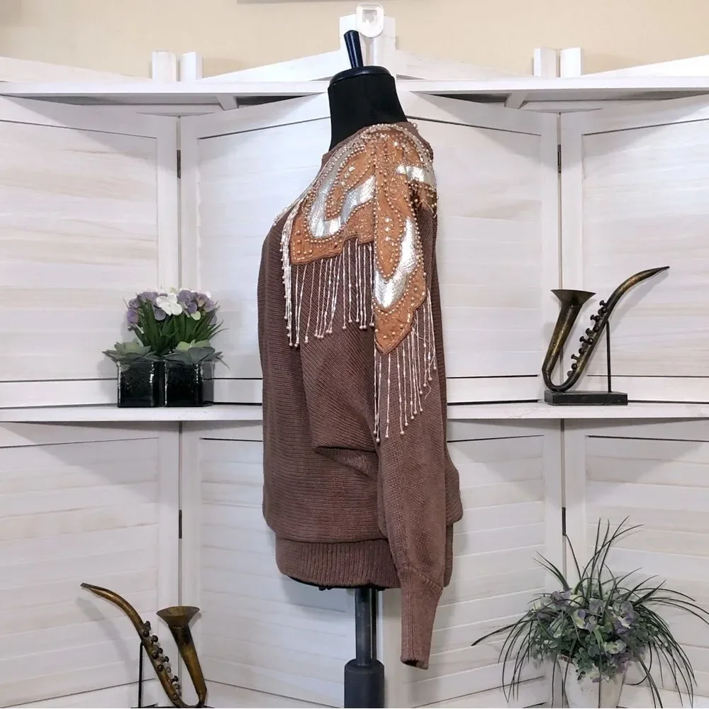 Vintage 80s 90s dolman sleeves beaded chocolate brown cotton tunic sweater sz L - Picture 9 of 9